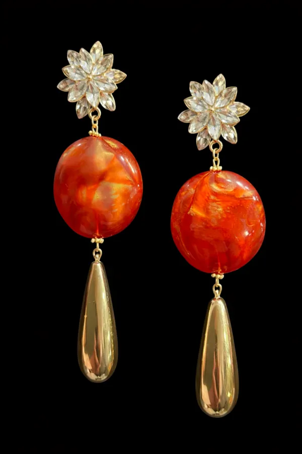 Pendientes naranja lágrima dorada